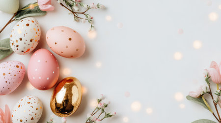 A stunning, modern flat lay composition featuring a mix of matte pink, glossy gold, and white eggs decorated with gold confetti dots, scattered across a clean white background with ample copy space. This luxurious and contemporary image is perfect for high-end Easter advertising, social media campaigns, and stylish seasonal graphic design.の素材