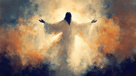 Jesus Christ stands with arms outstretched in flowing white robes, enveloped by swirling orange and golden clouds that radiate divine light and welcoming grace. This powerful, painterly image embodies resurrection triumph and unconditional love, evoking joy for Easter celebrations or daily affirmations of faith.の素材