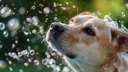 A close-up, playful moment of a happy dog being bathed, with water splashing and bubbles surrounding its head against a bright green background.の素材