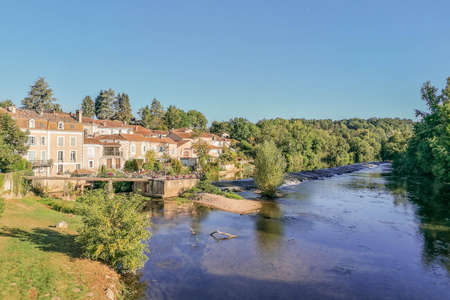 View of the village of Saint-Astier and the Isle River.の写真素材