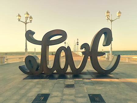 Modern sculpture writing Love in one direction and Hate in the other.のeditorial素材