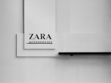 Vilnius, Lithuania - August 07, 2016: fragment of shopwindow of Zara store. Zara accessories sign. Zara is a Spanish clothing and accessories retailer based in Arteixo, Galicia, and founded in 1975 by Amancio Ortega and Rosali a Meraのeditorial素材