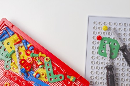 Kids toy tool kit for education isolated on white backgroundの写真素材