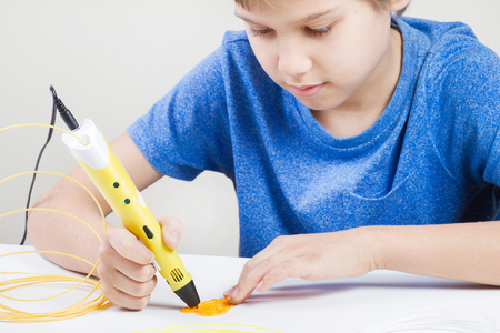 Child with 3d pen. Creative, technology, leisure, education concept