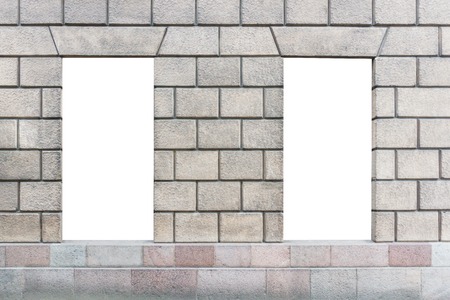 Two vertical mock ups of store blank showcase window in a cityの写真素材