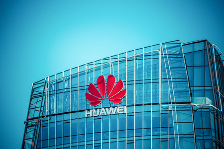VILNIUS, LITHUANIA - July 30, 2017 : Huawei skyscraper in Vilnius city center. Modern office of the Chinese technology company Huawei Headquarters in Vilnius, Lithuaniaのeditorial素材