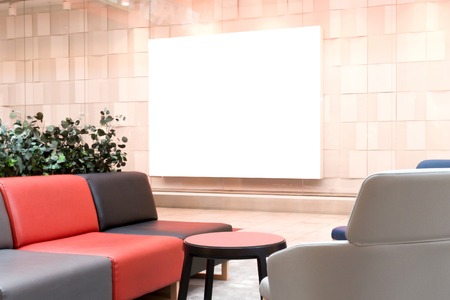 Mock up. Large blank banner in the showcase of store in modern shopping mallの写真素材