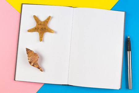 Open notebook with seashells and starfish on blue background. Vacation, travel conceptの写真素材