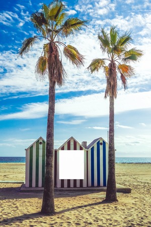 Mock up information board on the beachの写真素材
