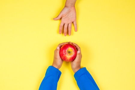 Kid hand taking red apple from another childs handsの写真素材