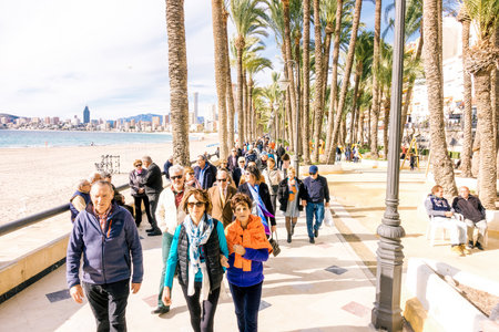 Benidorm, Spain - January 14, 2018: People walking and enjoying holiday in Benidorm, Costa Blanca, Spainのeditorial素材