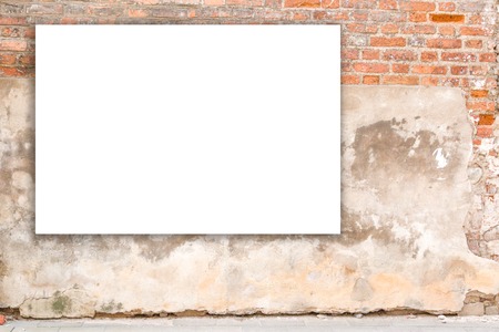 Mock up. Blank billboard, advertising, public information board on old red brick wallの写真素材