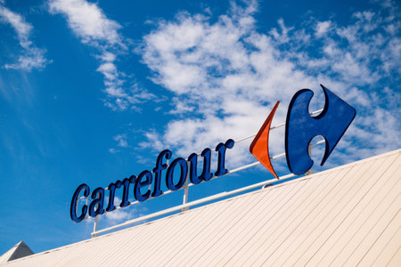 Finestrat, Spain - March 9, 2018: Carrefour logo in Finestrat Spain.のeditorial素材