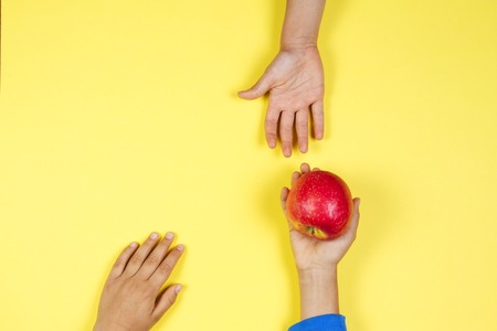 Kid hand taking red apple from another childs handsの写真素材