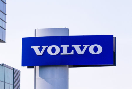 Vilnius, Lithuania- April 12, 2018: Volvo dealership logo. Volvo is a Swedish multinational manufacturing company.のeditorial素材