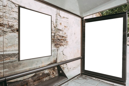 Bus stop with a blank billboard, mock upの写真素材