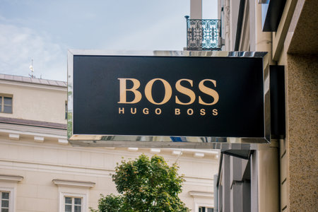 Vilnius, Lithuania - September 06, 2018: Hugo Boss store signboard. Hugo Boss focuses on developing and marketing of premium fashion and accessories for men and womenのeditorial素材