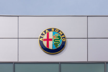 Vilnius, Lithuania - September 7, 2018: Alfa Romeo logo on dealership building