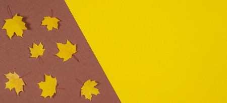 Autumn composition. Frame made of autumn maple leaves on brown and yellow backgroundの写真素材