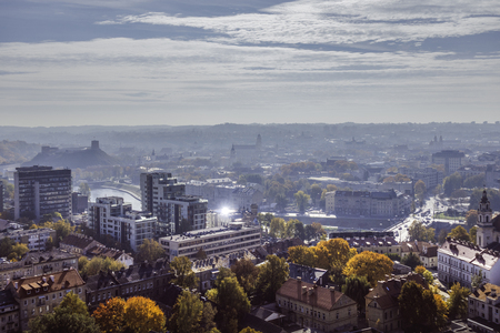 Lithuania, Vilnius cityscape in foggy autumn dayの写真素材
