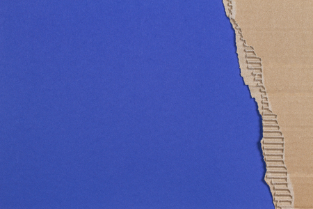 Piece of corrugated cardboard with torn paper edge on blue backgroundの写真素材