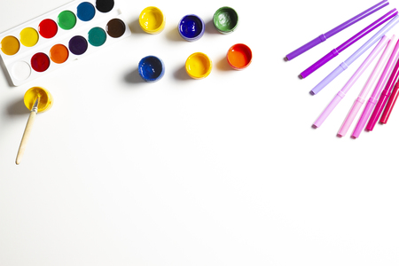 Creative background with art supplies on white backgroundの写真素材