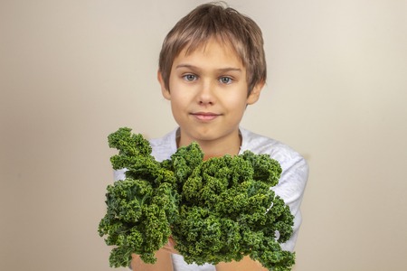 Kid with healthy vegetables. Boy holding fresh kale leavesの写真素材