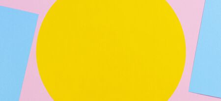 Texture background of fashion papers in memphis geometry style. Yellow, light blue and pastel pink...