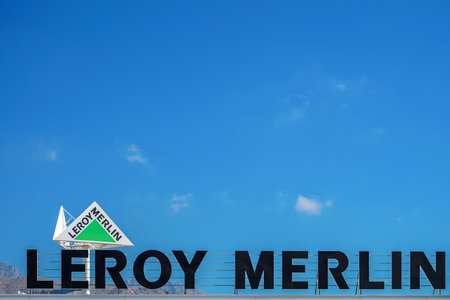 Finestrat, Spain, 18 June, 2019: Leroy Merlin brand sign and billboard against blue sky. French...