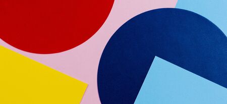 Texture background of fashion papers in memphis geometry style. Yellow, blue, light blue, red and pastel pink colors. Top view, flat layの写真素材
