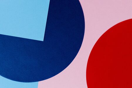 Texture background of fashion papers in memphis geometry style. Blue, light blue, red and pastel pink colors. Top view, flat layの写真素材