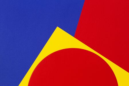 Texture background of fashion papers in memphis geometry style. Yellow, blue, red colors. Top view, flat layの写真素材