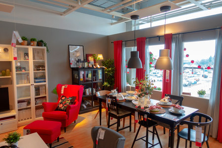 Vilnius, Lithuania - August 13, 2019: Interior view of living and dining room inside IKEA Store. IKEA is Swedish-founded, worlds largest furniture retailerのeditorial素材