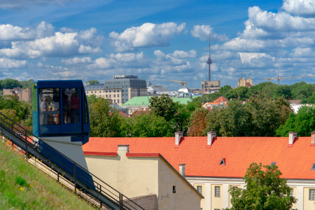 Vilnius, Lithuania - August 19, 2019: View to Vilnius city with funicular to Gediminas tower in Vilnius, Lithuaniaのeditorial素材