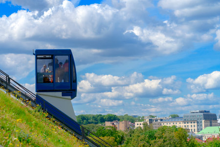 Vilnius, Lithuania - August 19, 2019: View to Vilnius city with funicular to Gediminas tower in Vilnius, Lithuaniaのeditorial素材