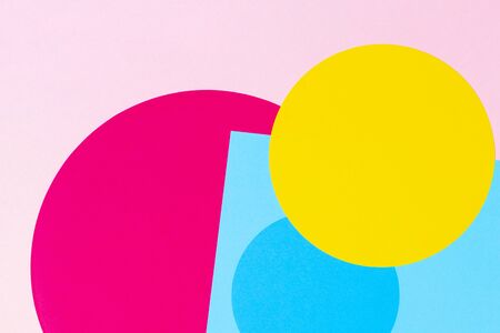 Texture background of fashion papers in memphis geometry style. Yellow, blue, magenta, pink colors. Top view, flat layの写真素材