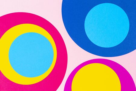 Texture background of fashion papers in memphis geometry style. Yellow, blue, magenta, pink colors. Top viewの写真素材