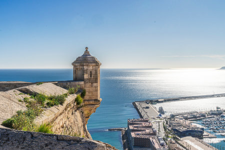 Alicante, Spain - December 23, 2019: Alicante Santa Barbara castle with panoramic aerial view at Mediterranean sea and famous touristic Alicante city in Costa Blanca, Spainのeditorial素材