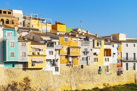 View to colorful houses of small town Villajoyosa, Costa Blanca, Spainの写真素材