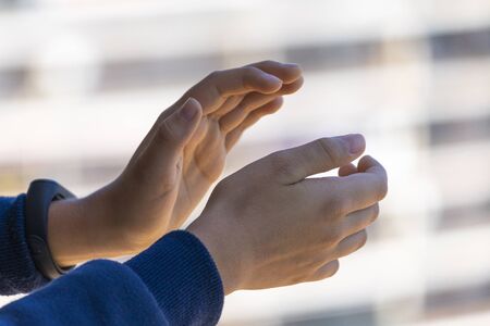 Applause to medical staff. Kid clapping hands, applauding from balcony to support doctors, nurses,...