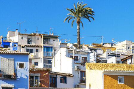 View to colorful houses of small town Villajoyosa, Costa Blanca, Spainの写真素材