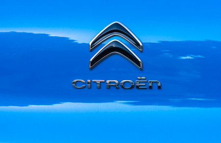 Benidorm, Spain - June 21, 2020: Citroen Logo Sign on blue car. Citroen is French automobile manufacturer, part of the PSA Peugeot CitroÃ«n groupのeditorial素材