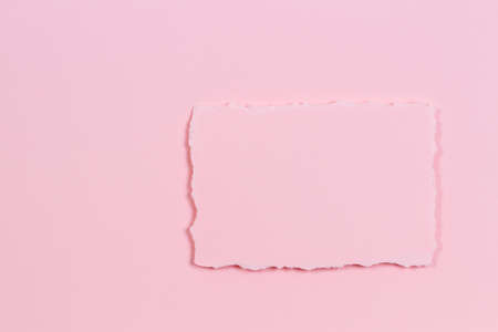 Blank ripped piece of paper, torn paper card on pastel pink background. Top viewの写真素材