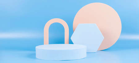 Abstract geometric pastel color product display podium on light blue background. Minimal different...
