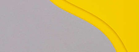 Minimal curved geometric shapes and lines of yellow and gray colors paper backgroundの写真素材