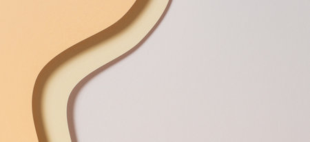 Abstract geometric paper texture banner background. Beige yellow white waves and curved lines papercut composition. Top viewの写真素材