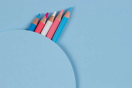 Colored pencils on geometric light blue background. Pastel pink, blue, white colors. Top view, copy...