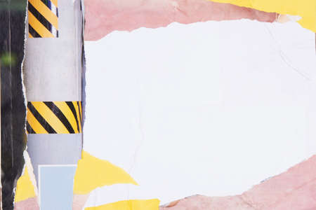 Old white grunge ripped torn collage posters creased crumpled paper placard texture background with copy space for text or imageの写真素材