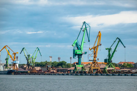 Klaipeda, Lithuania - August 03, 2021: Klaipeda port with ships, ferries, cranes. Klaipeda is third largest city in Lithuania on the Baltic Sea coastのeditorial素材