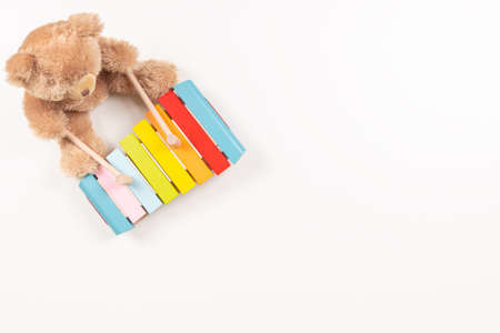 Toy teddy bear playing on colorful xylophone. Kid toys on white background. Early childhood music education. Top view, copy spaceの写真素材